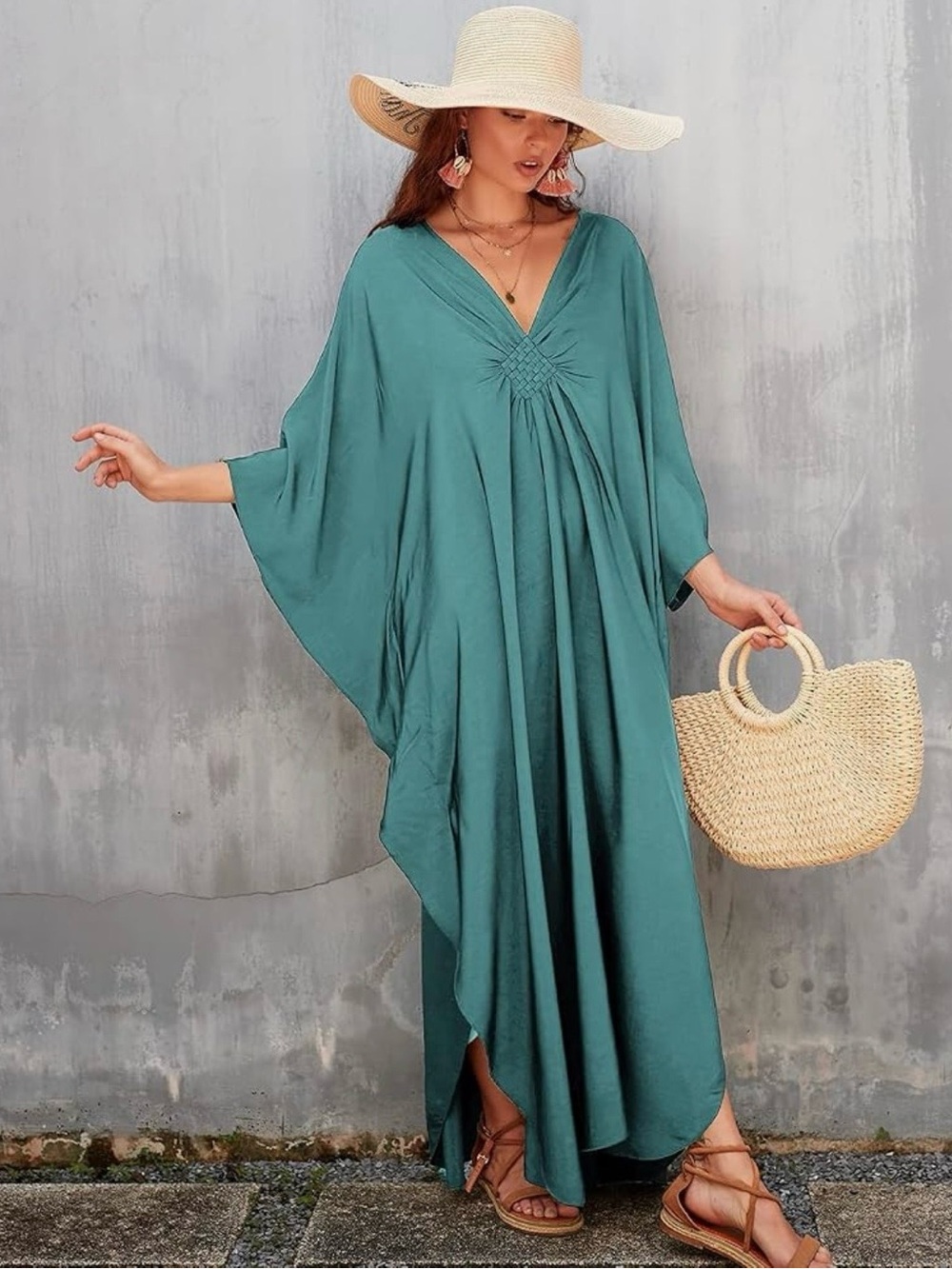 Lake Green Teal Flowing V-Neck Caftan Maxi Dress